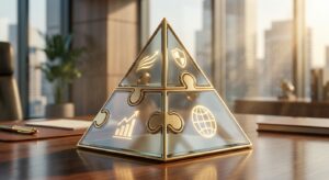 פירמידת פאזל תלת-ממדית מזכוכית וזהב על שולחן מנהלים, מציגה סמלים מוארים של צמיחה עסקית, הגנה, גלובליזציה ודינמיות.