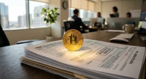 מטבע ביטקוין מזהב מונח על ערימת טפסי מס ודוח סקירת תיק השקעות לשנת 2024 על שולחן במשרד