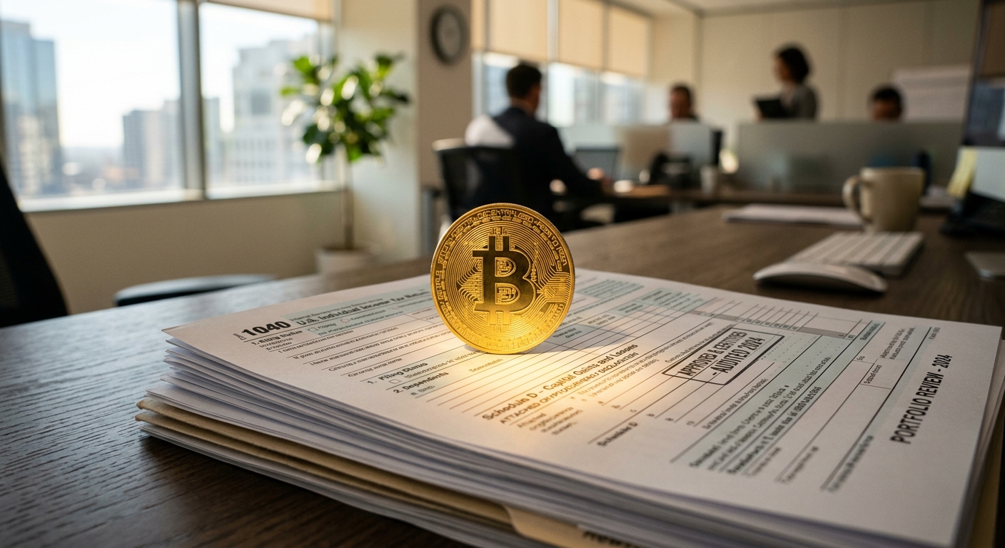 מטבע ביטקוין מזהב מונח על ערימת טפסי מס ודוח סקירת תיק השקעות לשנת 2024 על שולחן במשרד