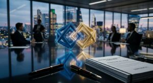 קוביות תלת-ממדיות מוארות המשתלבות יחד ומייצגות סינרגיה עסקית, מרחפות מעל מסמכי הסכם מיזוגים ורכישות (M&A) ועטים יוקרתיים על שולחן חדר ישיבות, על רקע אנשי עסקים בפגישה מול קו הרקיע של העיר.